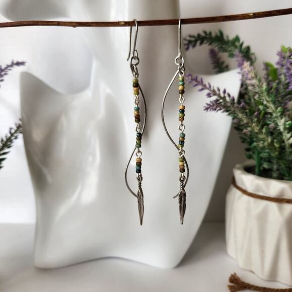 Bohemian Long Dangle Earrings, Earthy Picasso Seed Beads Handmade Earrings - Picture 6 of 6